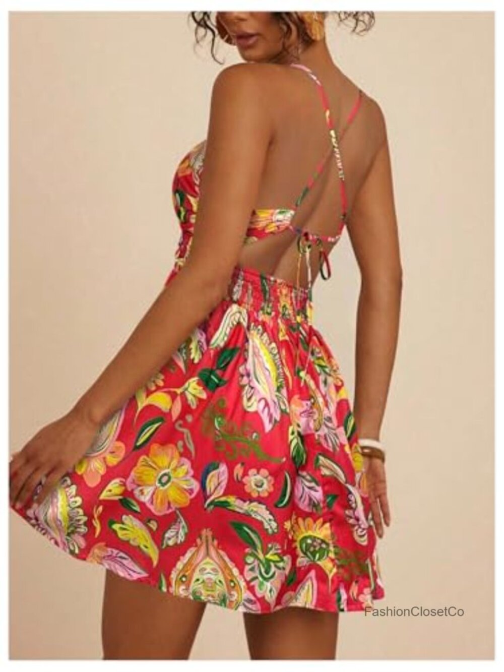 Boho Tropical Mini Dress Spaghetti Strap Criss Cross Tie Back Sundress - Picture 3 of 6